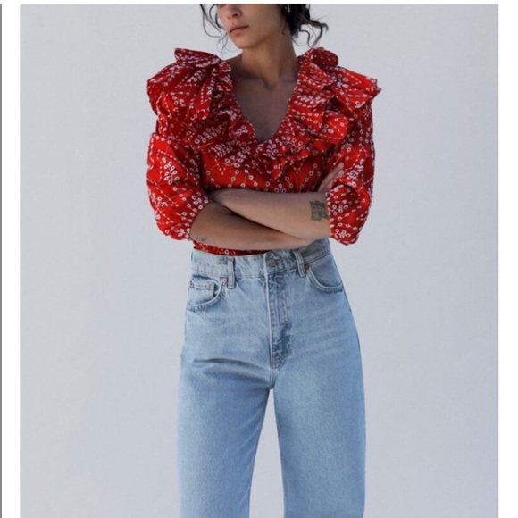 Zara Red Embroidered Eyelet Ruffle Top - Picture 11 of 12